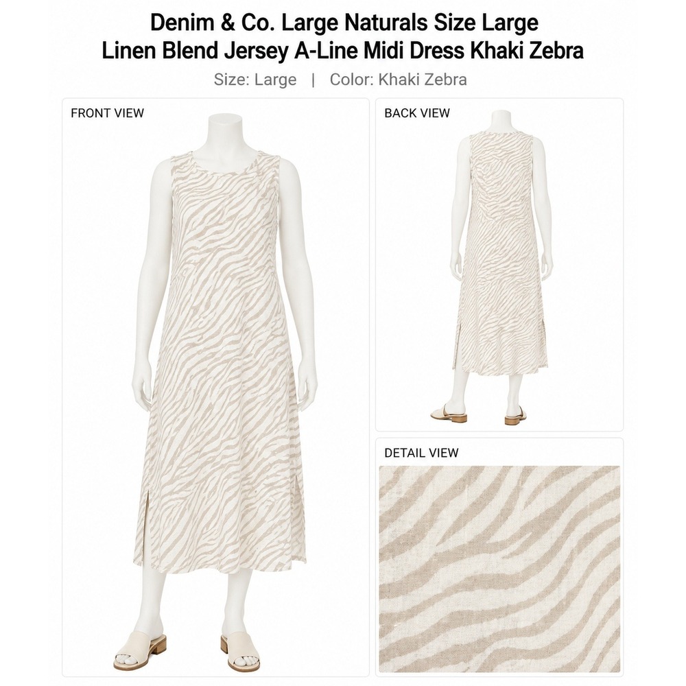 Denim & Co Naturals Linen Blend Jersey A-Line Midi Dress Stone Khaki Zebra Large